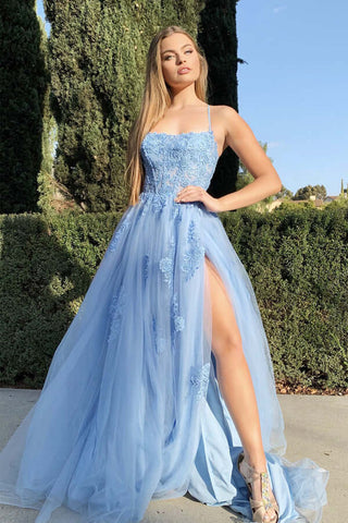 Tulle Lace Appliques Spaghetti Straps Long Prom Dresses With Slit