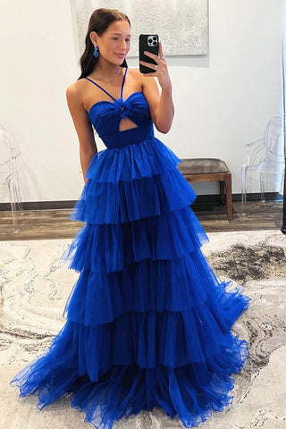 Blue Tulle Layers Long Formal Dress Princess Prom Dresses