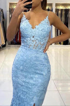 Vestido largo de fiesta de sirena de tul con escote en V, espalda descubierta y apliques de encaje