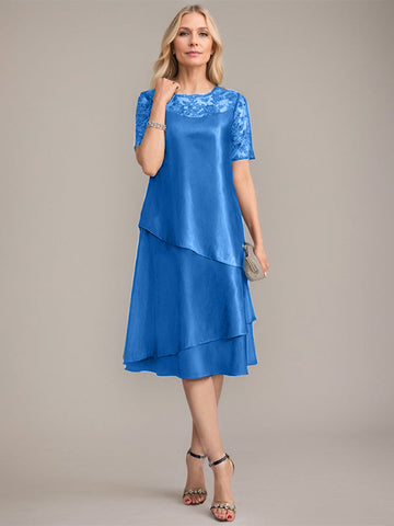 Vestido de corte A, escote redondo, largo hasta la rodilla, para la madre de la novia, con apliques y lentejuelas. 