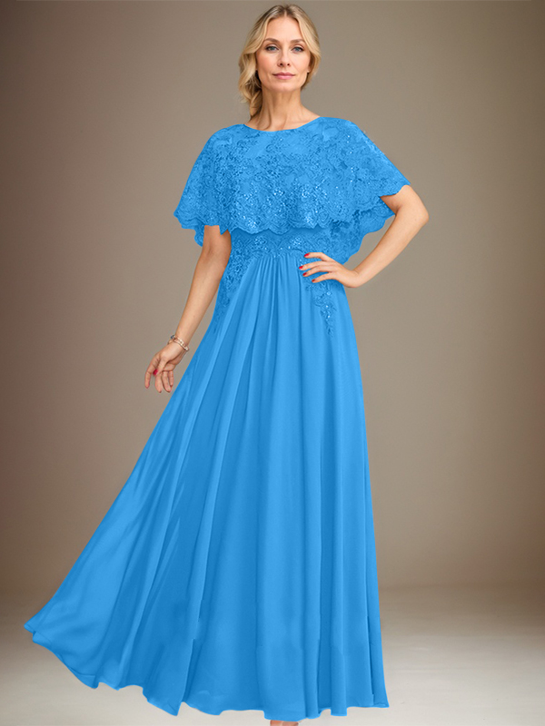 Robe de mère de la mariée en mousseline de soie dentelle, coupe trapèze, col bateau, longueur au sol, ornée d'appliqués de sequins 