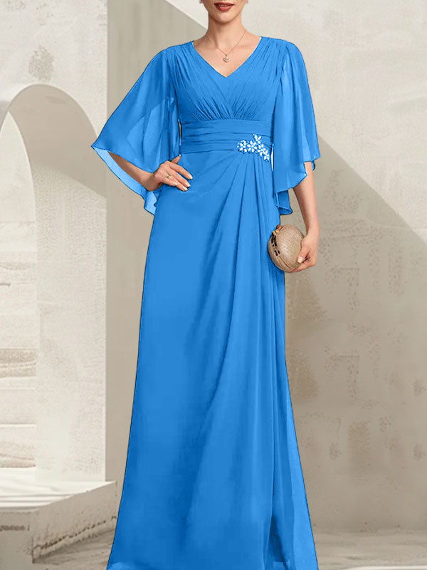 Vestido de corte recto/columna, escote en V, largo hasta el suelo, de gasa, para la madre de la novia, con lentejuelas plisadas y pedrería.
