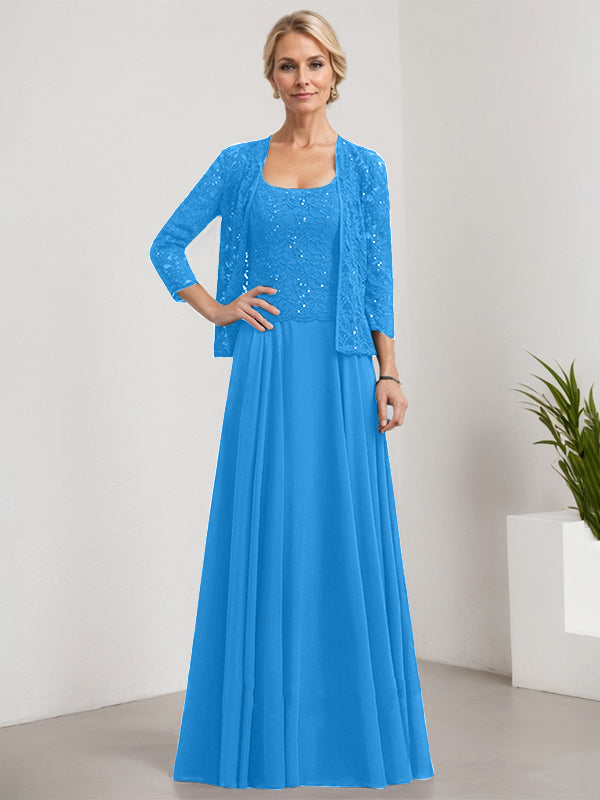 Vestido de corte A, cuadrado, largo hasta el suelo, de encaje y gasa con lentejuelas para la madre de la novia 