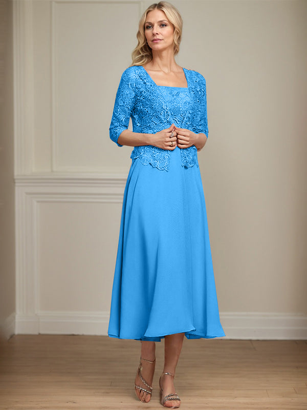 Vestido de corte A, largo midi, de gasa, encaje y lentejuelas para la madre de la novia. 
