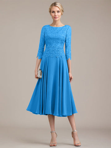 A-line Scoop Tea-Length Lace Chiffon Mother of the Bride Dress
