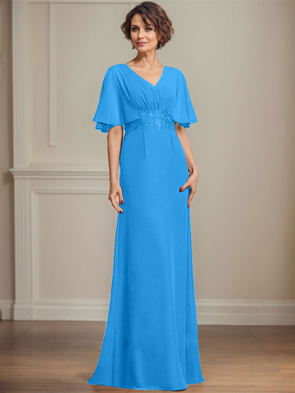 Vestido de corte A, escote en V, largo hasta el suelo, de gasa, para la madre de la novia, con apliques de lentejuelas plisadas y encaje.