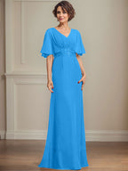 Vestido de corte A, escote en V, largo hasta el suelo, de gasa, para la madre de la novia, con apliques de lentejuelas plisadas y encaje.