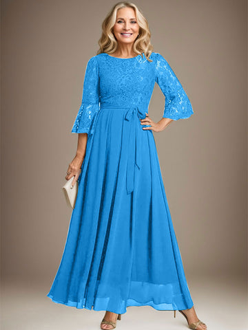 A-line Scoop Ankle-Length Lace Chiffon Mother of the Bride Dress With Bow