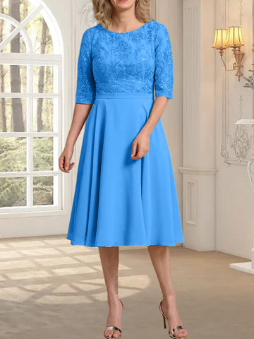 A-line Scoop Knee-Length Lace Chiffon Mother of the Bride Dress