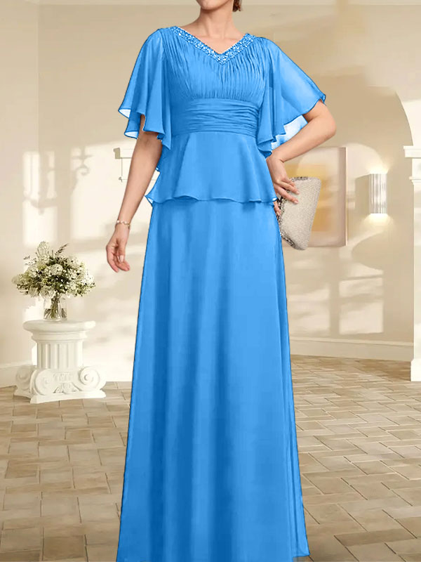 Vestido de gasa de corte A, escote en V, largo hasta el suelo, para la madre de la novia, con plisados ​​y cuentas.