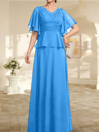Vestido de gasa de corte A, escote en V, largo hasta el suelo, para la madre de la novia, con plisados ​​y cuentas.