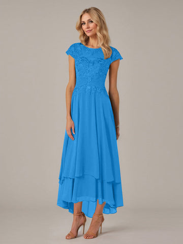 A-line Boat Neck Illusion Asymmetrical Chiffon Lace Mother of the Bride Dress With Applique Pleats
