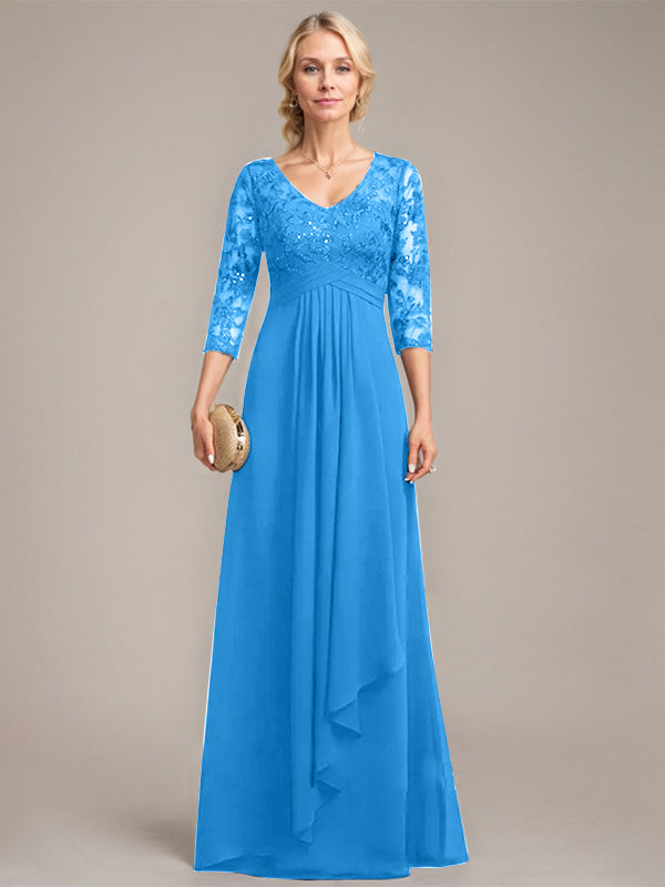 Vestido de novia de corte línea A, escote en V, largo hasta el suelo, de gasa de encaje con volantes en cascada y lentejuelas. 