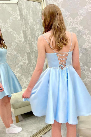 Robe de bal courte en satin bleu perlé, robe de soirée bleue PD450