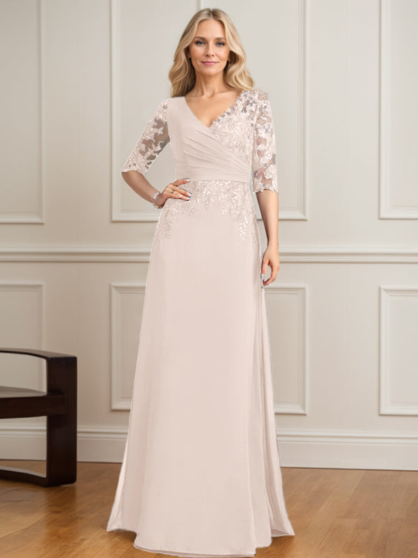 Robe de mère de la mariée en mousseline de dentelle, coupe trapèze, col en V, longueur au sol, ornée de sequins plissés 