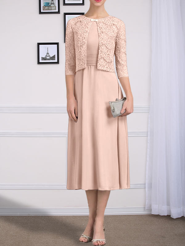 Vestido de chifón de corte línea A, largo té, para la madre de la novia, con escote redondo y pliegues.