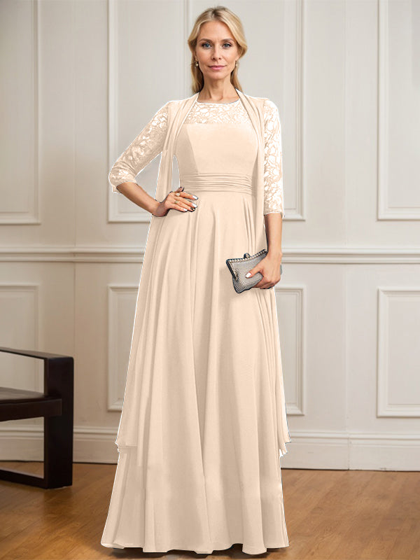 Robe de mère de la mariée en mousseline de dentelle, coupe trapèze, décolleté plongeant illusion, longueur au sol, avec plis. 