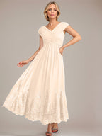 Vestido de gasa de corte evasé, escote en V, largo hasta el tobillo, para la madre de la novia, con apliques de lentejuelas. 