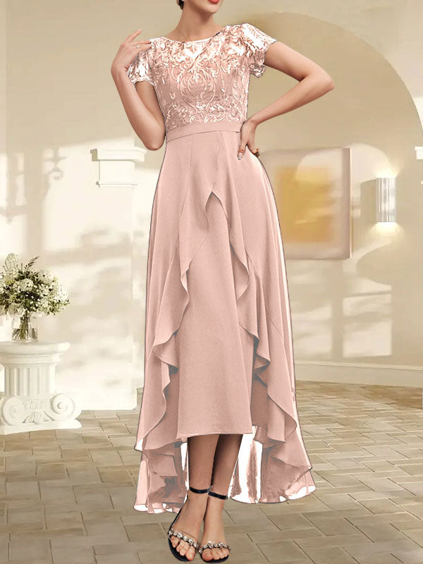 Vestido de novia asimétrico de gasa con encaje, corte en A, escote ilusión, detalle de lazo, volantes y lentejuelas para la madre de la novia 