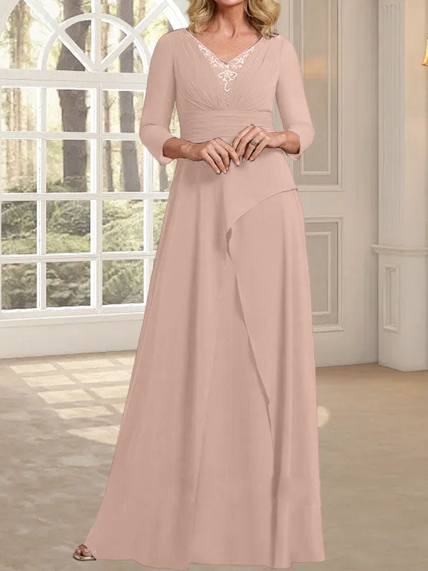 Vestido de gasa de corte A, escote en V, largo hasta el suelo, para la madre de la novia, con plisados ​​y cuentas.