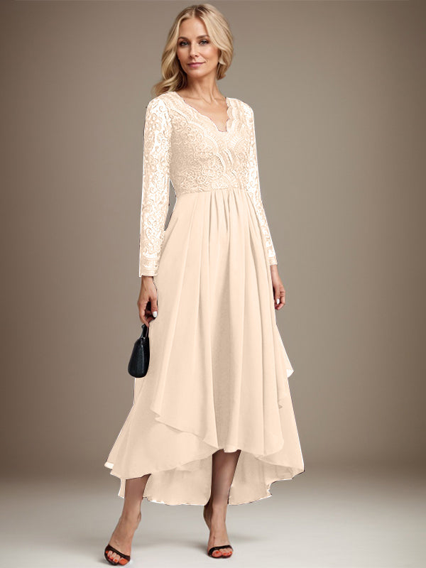 Vestido de novia de gasa con encaje asimétrico, escote en V y corte en A para la madre de la novia 