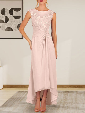 Champagne A-Line Scoop Lace Chiffon Dress