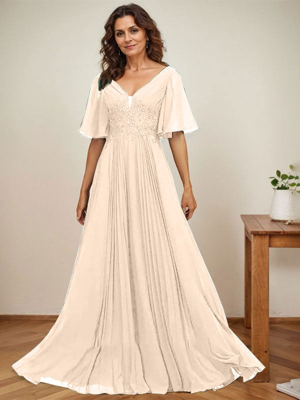 Vestido de corte A, escote en V, largo hasta el suelo, de gasa, para la madre de la novia, con apliques de lentejuelas y encaje plisado. 