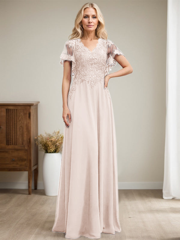 Vestido de novia de corte A, escote en V, largo hasta el suelo, de gasa de encaje con lentejuelas para la madre de la novia 