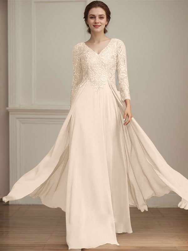 Robe de mère de la mariée en mousseline de dentelle, coupe trapèze, col en V, longueur au sol, ornée de sequins 