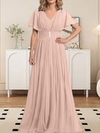Vestido de gasa de corte A, escote en V, largo hasta el suelo, para la madre de la novia, con broche de cristal y pliegues. 