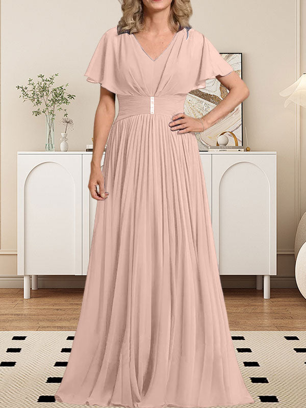Vestido de gasa de corte A, escote en V, largo hasta el suelo, para la madre de la novia, con broche de cristal y pliegues. 