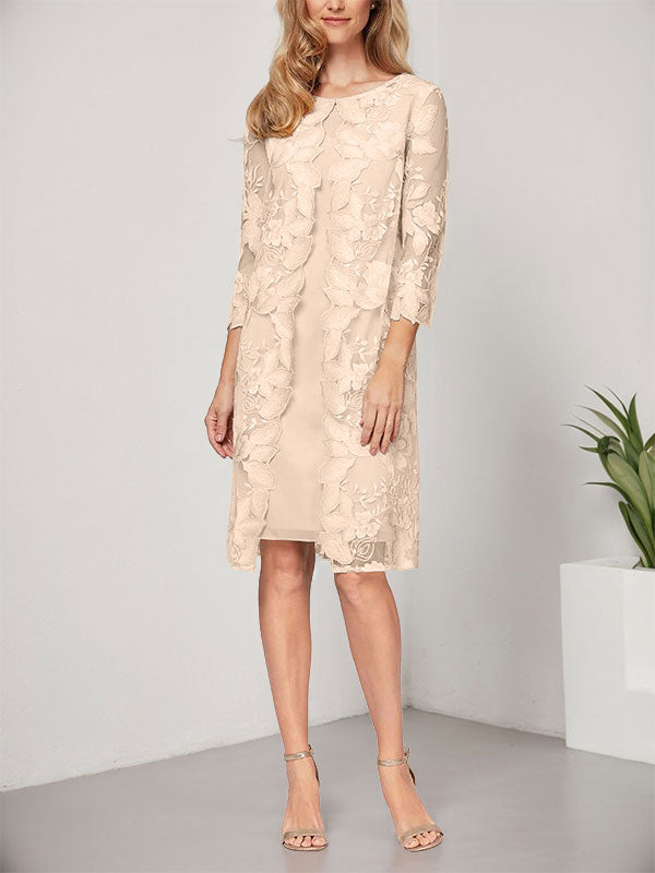 Vestido de corte A, escote redondo, largo hasta la rodilla, de gasa y encaje, para la madre de la novia, con chaqueta. 
