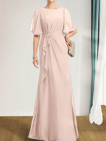 A-line Scoop Floor-Length Chiffon Mother of the Bride Dress With Cascading Ruffles Beading Sequins