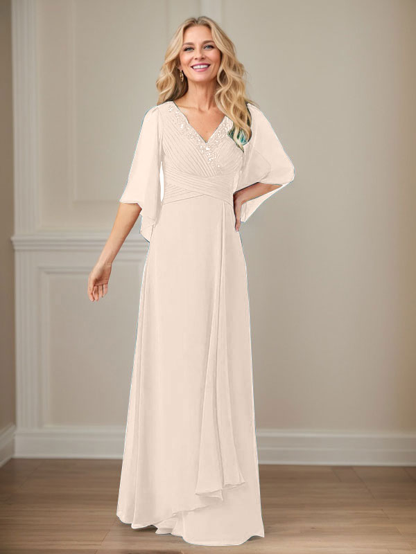 Robe de mère longue en mousseline à sequins, coupe trapèze et col en V