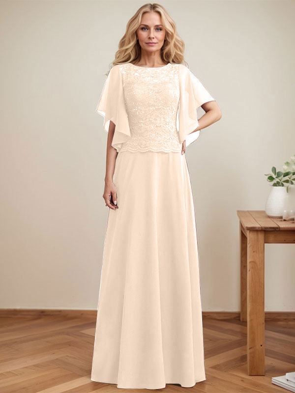 Vestido de novia de corte A, escote redondo, ilusión, largo hasta el suelo, de encaje y gasa con lentejuelas. 