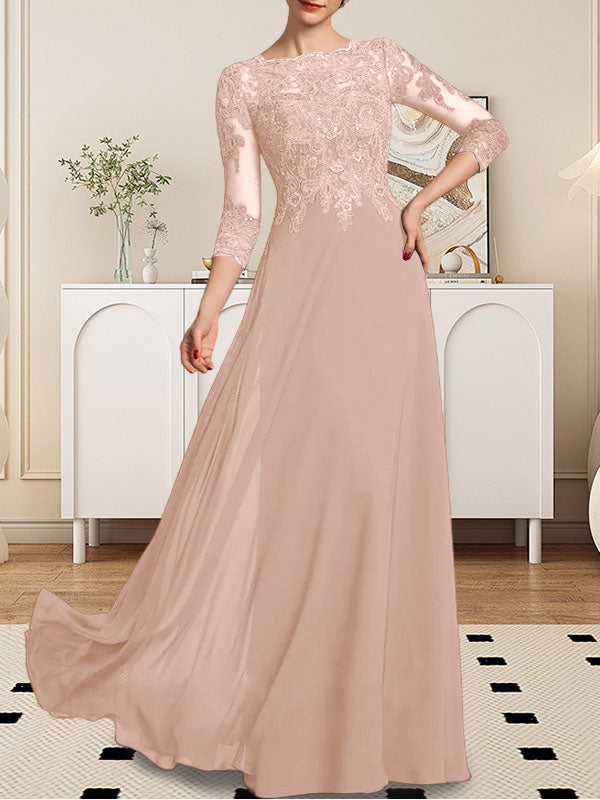 Vestido de novia de corte línea A, escote redondo, largo hasta el suelo, de encaje y gasa con lentejuelas.