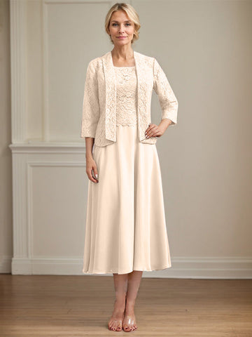 A-line Scoop Tea-Length Lace Chiffon Mother of the Bride Dress