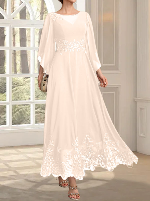 Robe de mère de la mariée en mousseline de dentelle, coupe trapèze, décolleté illusion, longueur cheville, ornée de sequins 