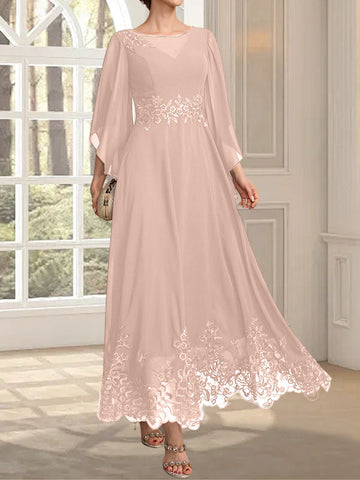 A-line Scoop Illusion Ankle-Length Lace Chiffon Mother of the Bride Dress With Sequins