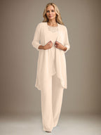 Tailleur-pantalon en mousseline à manches longues et col rond pour la mère de la mariée, avec veste 