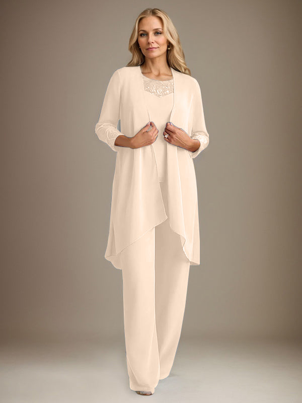 Traje pantalón de gasa con escote redondo y mangas largas para la madre de la novia, con chaqueta. 