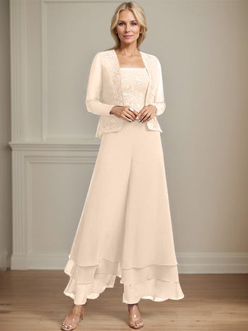 Separates Jumpsuit/Pantsuit Square Ankle-Length Lace Chiffon Mother of the Bride Dress With Sequins