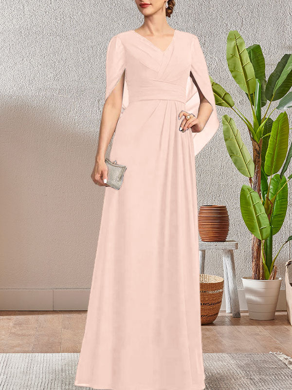 Vestido largo azul marino oscuro de corte A con escote en V para la madre de la novia