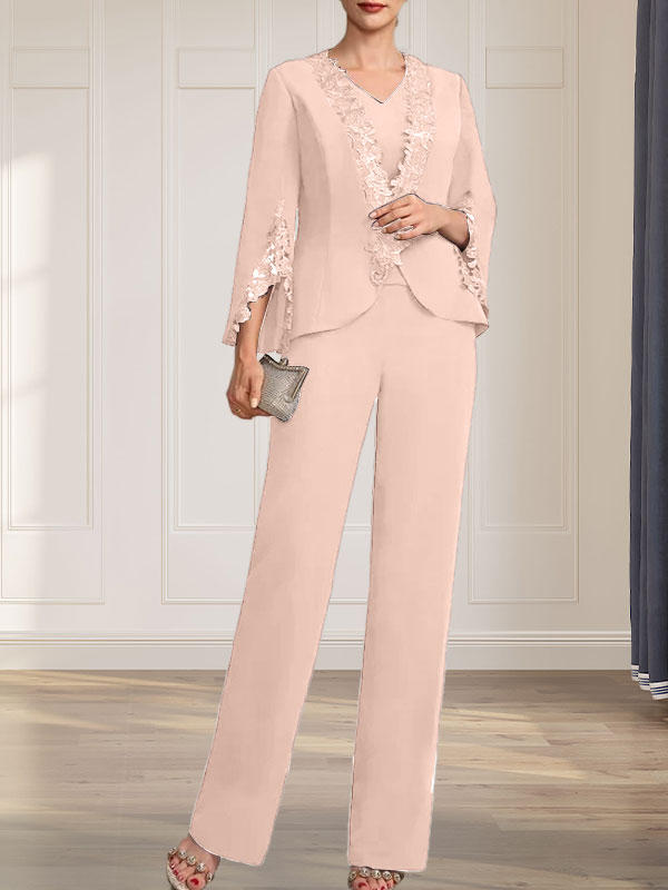 Vestido de gasa largo hasta el suelo con escote en V para la madre de la novia