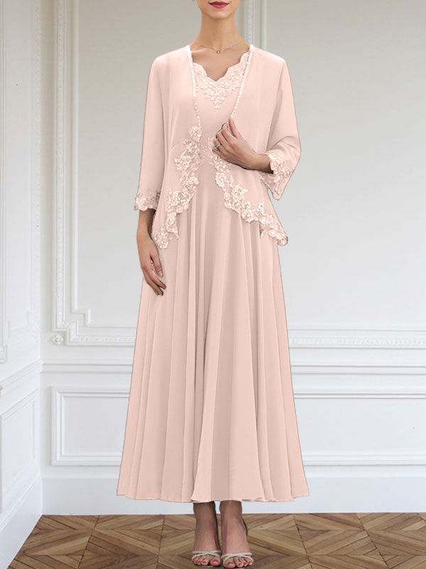 Vestido de corte A, escote en V, largo hasta el tobillo, de gasa, para la madre de la novia, con apliques de lentejuelas, encaje y pedrería.