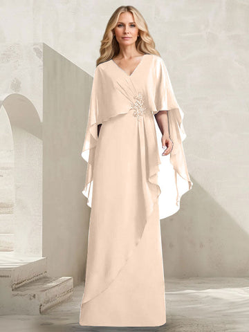 A-line V-Neck Floor-Length Chiffon Mother of the Bride Dress With Cascading Ruffles Beading