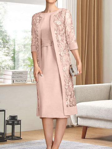 Vestido de gasa corte recto/columna hasta la rodilla para la madre de la novia con lentejuelas plisadas