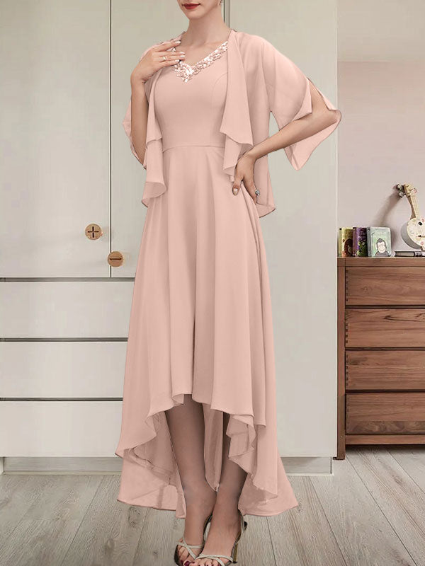 Vestido de corte A, escote en V, asimétrico, de gasa, para la madre de la novia, con lentejuelas y pedrería.