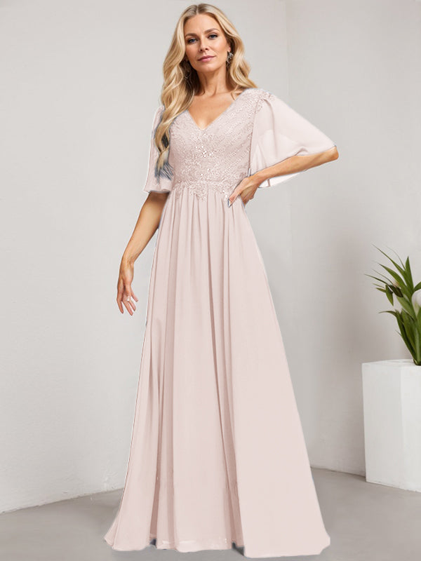 Vestido de novia de corte A, escote en V, largo hasta el suelo, de gasa de encaje con lentejuelas para la madre de la novia 