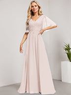 Vestido de novia de corte A, escote en V, largo hasta el suelo, de gasa de encaje con lentejuelas para la madre de la novia 